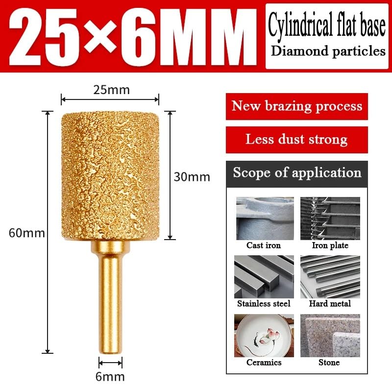 Diamond Grinding Head 25mm Cylinder Type 6mm Round Handle Coarse Grit Polishing Burr for Wood Stone Carving Metal Grinding Stainless Steel Deburring Ceramic Trimming (1 Piece)