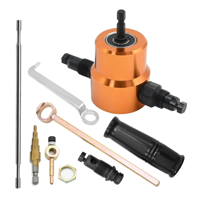 360 Degree Double Head Sheet Metal Nibbler Cutter, Drill Attachment Metal Cutter with Extra Punch and Die, Cutting Hole Accessory and Step Drill Bit, for Straight Curve and Circle Cutting