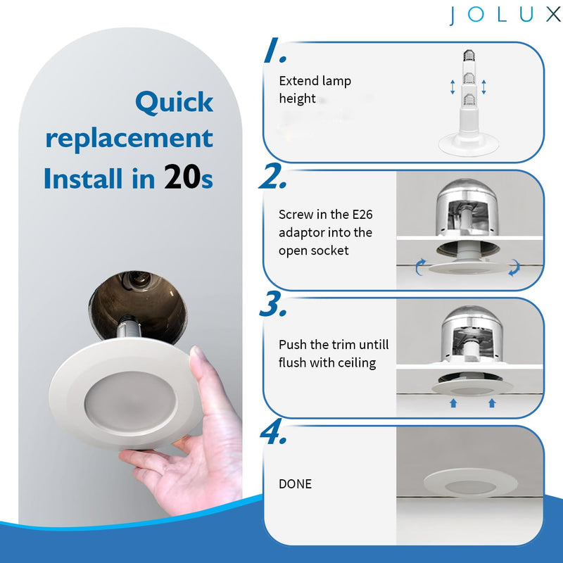 Jolux 4 Inch Adjustable LED Can Light Retrofit, 8.5W=40W 5000K 500LM, Dimmable ETL Damp Rated, Easy Flush Mount Install, Bevel Trim E26 Base, Recessed Lighting for Home Kitchen Bathroom, 4-Pack 5000k( Daylight) 4 Inch 4- Pack