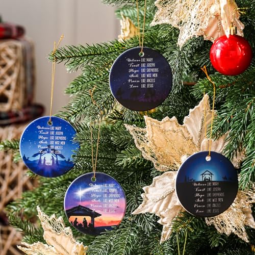 Syhood 4 Sets Christmas Nativity Ornaments 2025 Religious Nativity Scene Christmas Ornaments Ceramic Christian Bible Verse Hanging Decorations Jesus Gifts Keepsakes with Flannel Gift Bag for Xmas Tree