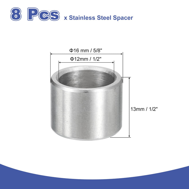 [Australia - AusPower] - uxcell 8Pcs 304 Stainless Steel Spacer 5/8" OD x 1/2" ID x 1/2" Length(16x12x13mm) Screw Standoff Bushing Plain Finish Unthreaded Round Metal Spacer for M3 Screws Bolts and Rods, Silver 16x12x13mm 