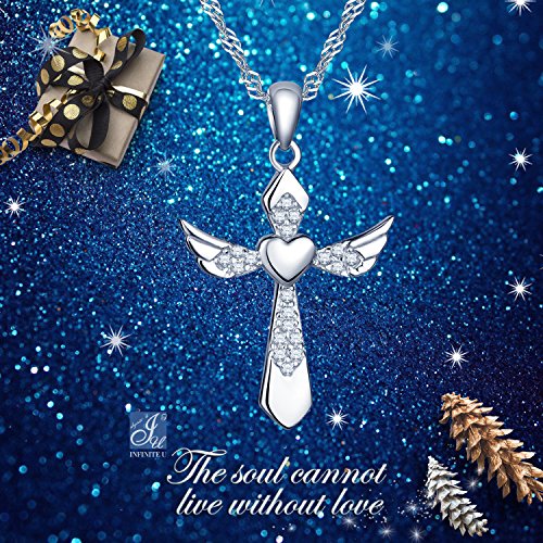 Infinite U Elegant Angel Wings Heart Cross Pendant 925 Sterling Silver Rhodium Plated Cubic Zirconia Necklace for Women/Girls
