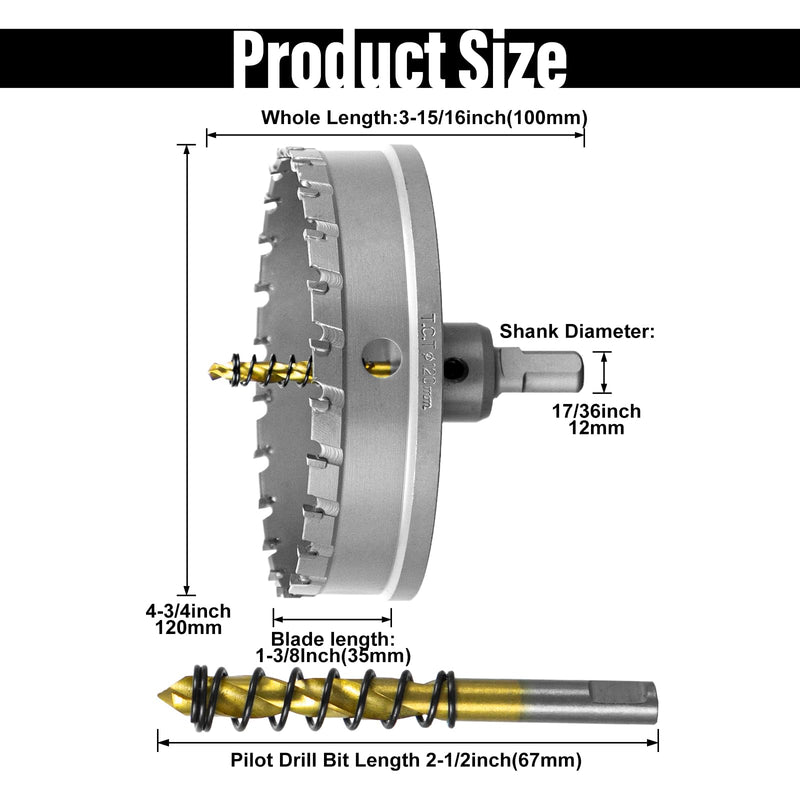SALI 4-3/4"(120mm) TCT Hole Saw Kit Tungsten Carbide Tipped Hole Saw Drill Bit with Titanium-Plated Pilot Drill bit for Metal, Stainless Steel, Iron, Wood, Plastic 4-3/4" 1