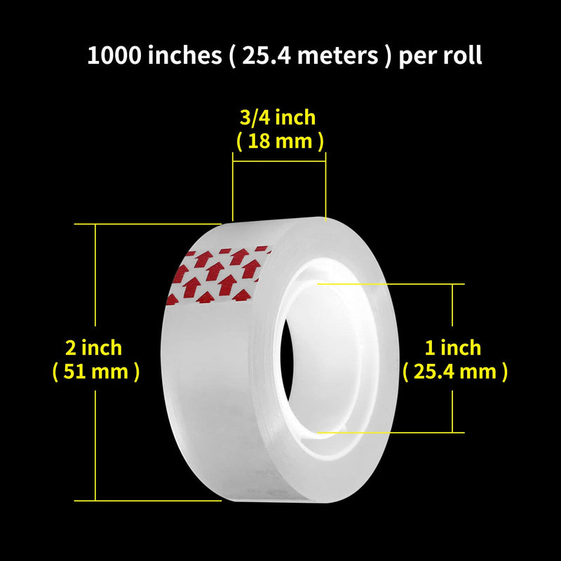 Transparent Tape Refills, 12 Rolls, 3/4 x 1000 Inches, 1 inch Core, Clear Desk Refillable Tape Dispenser Refill Rolls, Glossy Gift Wrapping Tape, Engineered for Home Office School Use