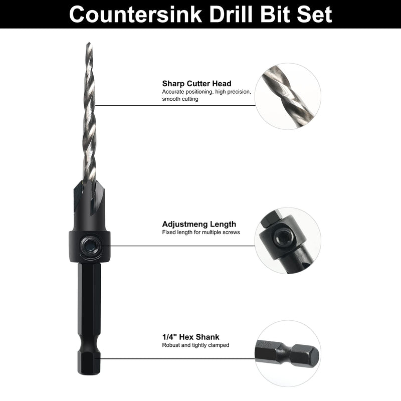 [Australia - AusPower] - Countersink Drill Bit Set, 3Pcs Tapered Drill Bits M2 HSS, with 1/4" Hex Shank Quick Change and Allen Wrench, Counter Sinker Set for Woodworking and Carpentry, Pilot Screw Hole Set Set #6#8#10 