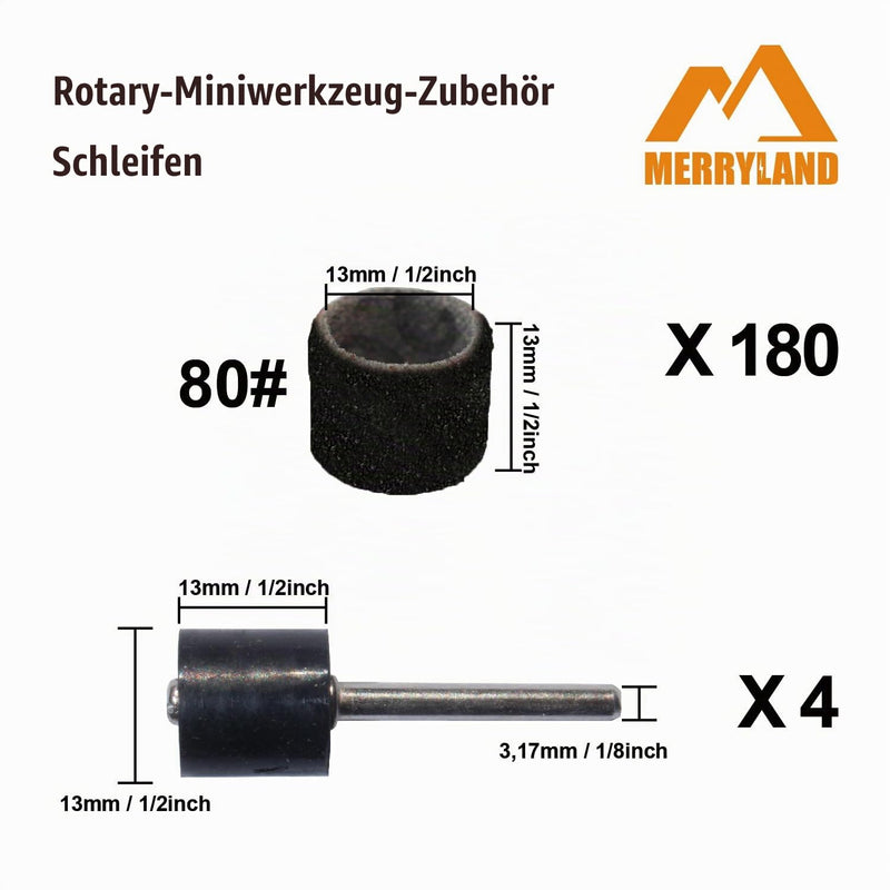 Merryland 184pcs Sanding Sleeve K80 13mm for Dremel | 180 pcs Sanding Belt K80 13mm, 4 pcs Sanding Roller, Sanding Belt for Manicure Pedicure, Mini Rotary Tool Accessory, RMTA184C1 80# 13mm 184pcs