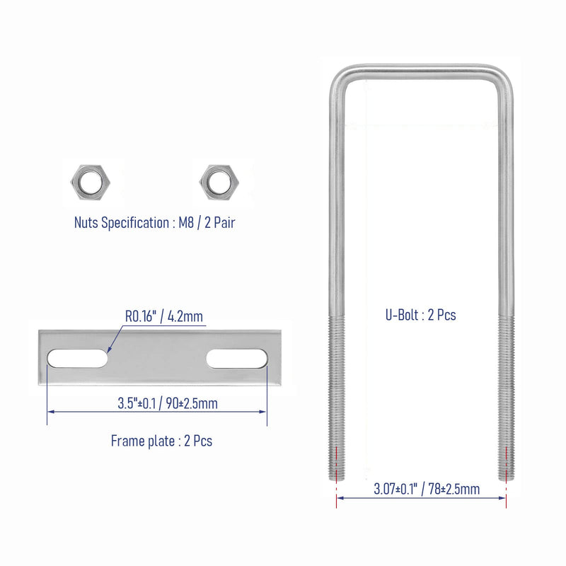 [Australia - AusPower] - 2 Sets 304 Stainless Steel Square U-Bolts 2.76"(70mm) Inner Width, 7.09"(180mm) Length Stainless M8 with Nuts, Frame Plate, Accessories for Automobiles Trailer, Boat Trailer Industrial Parts 70×180mm (W*L) 