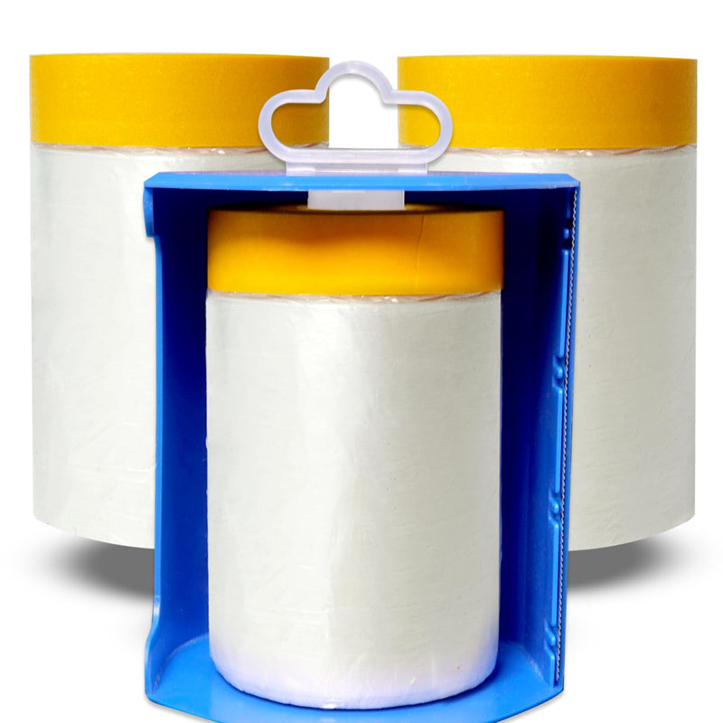 Pre-Taped Masking Film Film and Masking Tape in one Plastic Tape and Drape Roll Painters Plastic (3 Pack, Each roll 22" Wide x 82 feet Long) with one Dispenser 3