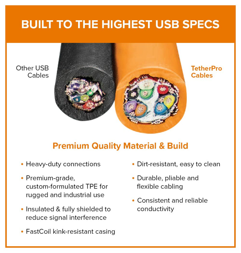 TetherPro USB-C to 2.0 Micro-B 5-Pin, 5Gbps Gen 1, 15' (4.6m), High-Visibility Orange