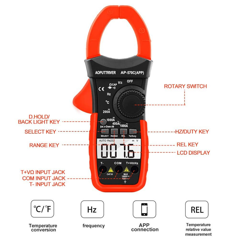 [Australia - AusPower] - Digital Clamp Meter AP-570T-APP Bluetooth Clamp Multimeter 4000 Counts Auto-Ranging Multimeter with DC/AC Voltage & Current, Resistance, Temperature, Frequency, Duty Cycle 570CAPP(Bluetooth Clamp Meter) 