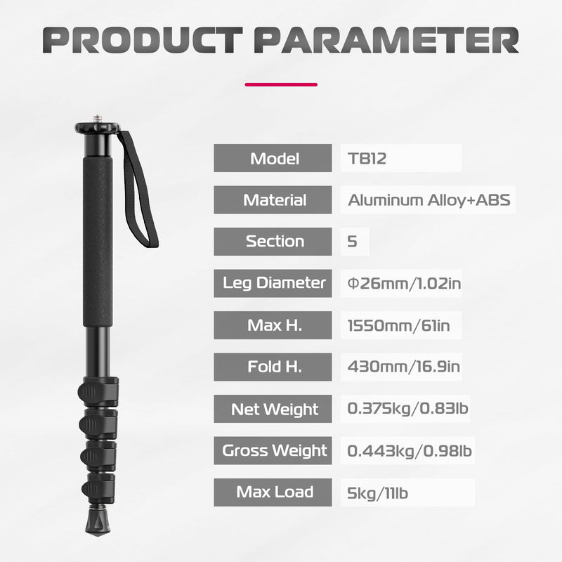 [Australia - AusPower] - ULANZI TB12 61-Inch Camera Monopod, Aluminum Photography Monopod with 5-Section Height, Lightweight & Portable Camera Accessories, for Cameras Canon, Nikon & Sony Mirrorless & DSLR, Easy to Carry 