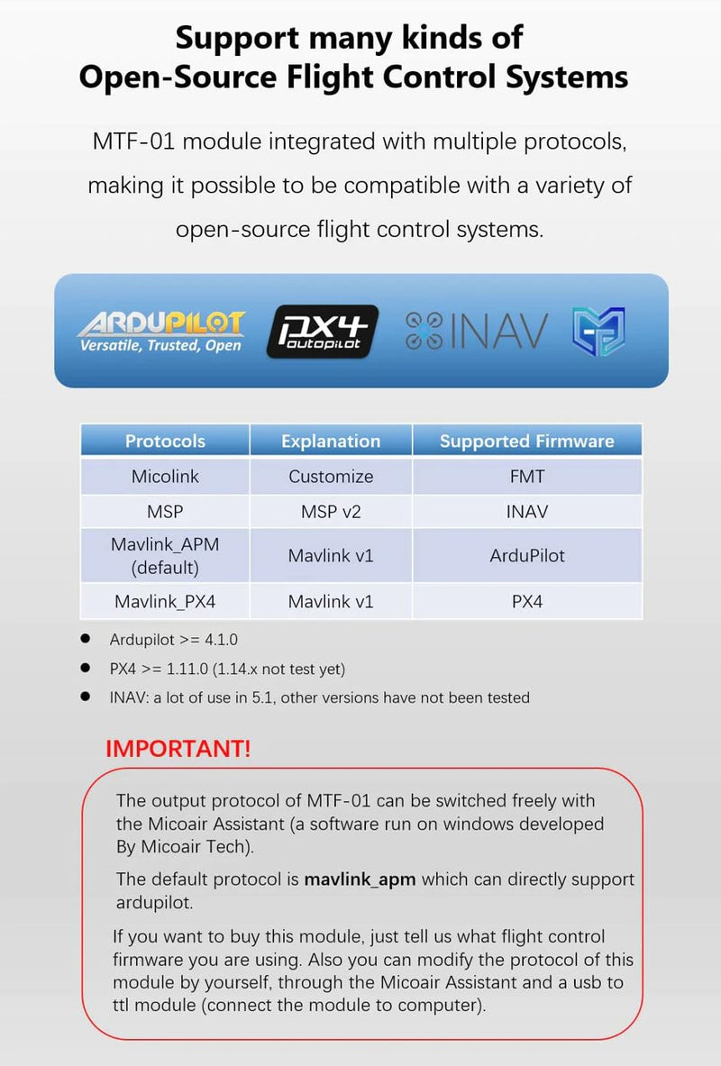 ROBOFUSION MicoAir MTF-01 Optical Flow & LiDAR Sensor for Ardupilot/PX4/INAV (PX4)