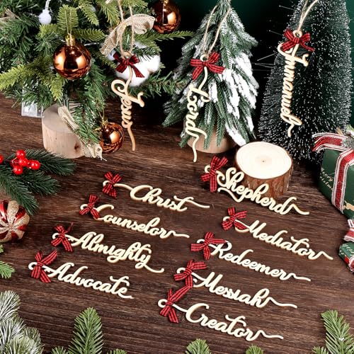 24 Pcs Names of Jesus Christ Ornament Wood Religious Decorations Farmhouse Christ Hanging Decoration with Savior Names Red Plaid Bow Rope for Church Decor
