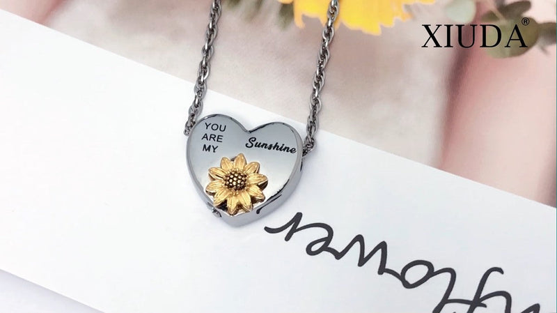 XIUDA Heart Ashes Necklace Urn Necklace with Sunflower You Are My Sunshine Cremation Necklace for Ashes Cremation Jewelry for Human Ashe Memorial Necklace with Flower Silver