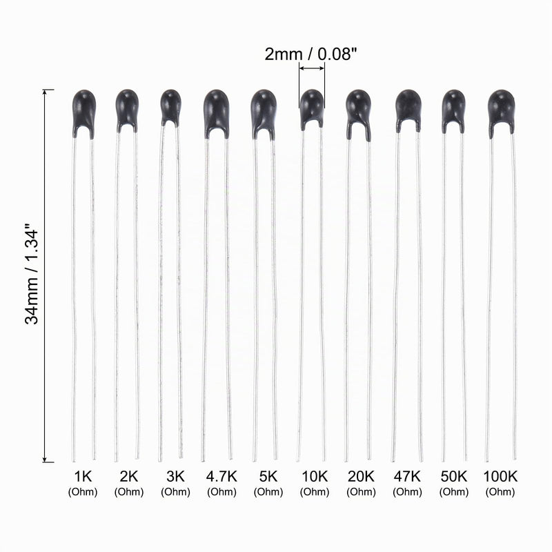 QUARKZMAN NTC Thermistors 1K/2K/3K/4.7K/5K/10K/20K/47K/50K/100KOhm Pack of 100 | Resistors High Sensitivity Current Limiter Temperature Sensor for Measurement