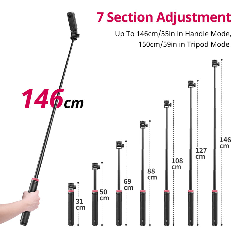 [Australia - AusPower] - 59in Selfie Tripod for Camera Gopro - ULANZI MT-71 Invisible Long Extendable Selfie Vlog Handle Portable Lightweight Tripod Stand 7 Sections for Gopro Hero 11 10 9 8 7 Black/insta360 One DJI Action 