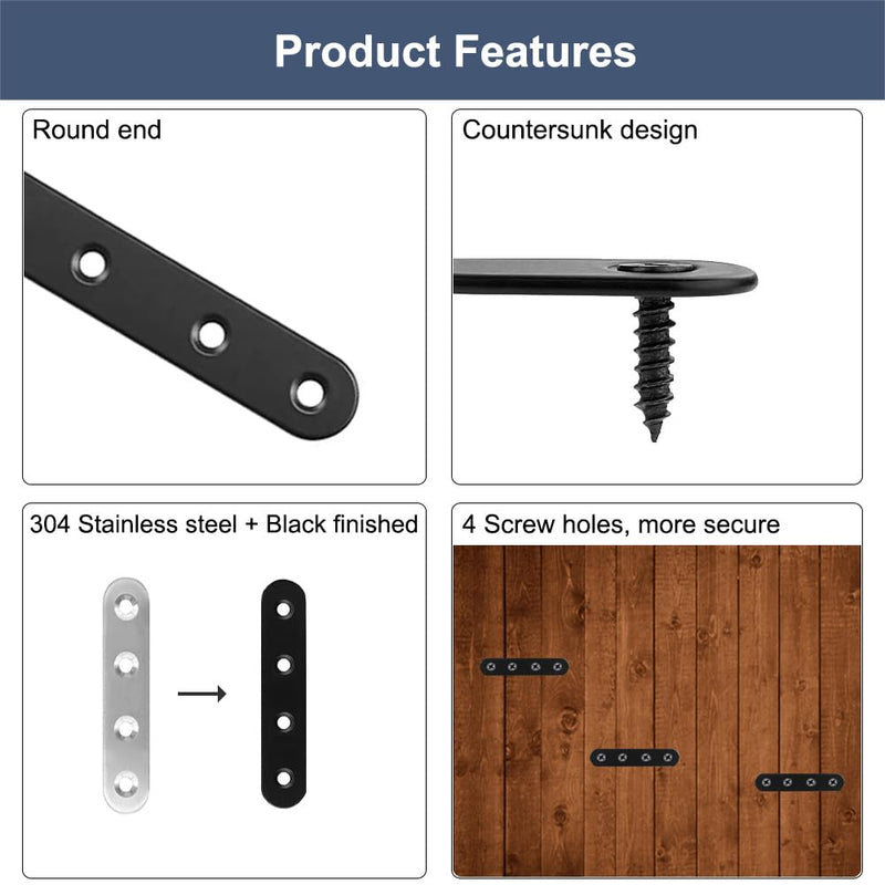 [Australia - AusPower] - 12Pcs Black Straight Brackets 3 Inch Stainless Steel Flat Brace Mending Plates, Sturdy Metal Repair Fixing Joining Brackets for Wood Furniture with Screws 12 