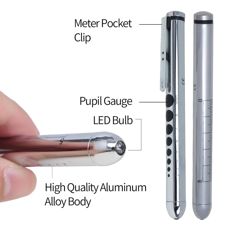 [Australia - AusPower] - 1PC Medical Pen Light with Pupil Gauge Penlight for Nurses Doctors,Reusable Medical LED Light with Pupil Gauge and Ruler,Silvery (Without Battery) 