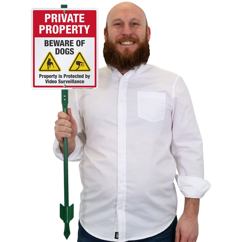 SmartSign 12 x 10 inch “Private Property - Beware Of Dogs, Property Protected By Video Surveillance” Yard Sign with 3 foot Stake, 40 mil Laminated Rustproof Aluminum, Multicolor, Set of 1 Aluminum Sign with 3' Stake