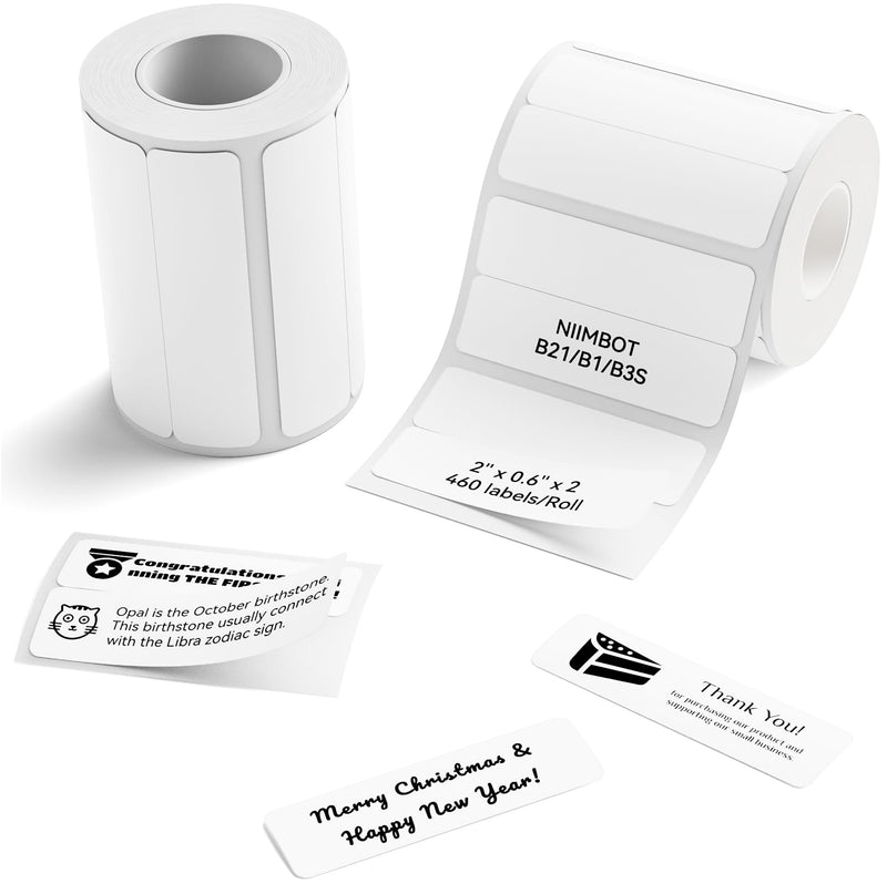NIIMBOT Labels, 2 Rolls Refill Thermal Label for Label Maker B1/B21/B21Pro/B3S/B31/K3, Waterproof, Oil-Proof and Tear-Proof Sticker Labels, 2'' x 0.6''x2(50x15mmx2) White White-2'' X 0.6''x2