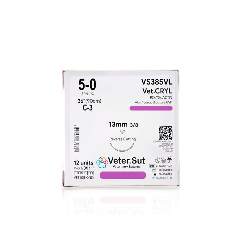 [Australia - AusPower] - VeterSut VetCRYL Absorbable Polyglactin Surgical Suture USP Size 5-0, (C-3) 3/8 13mm Reverse Cutting Needle, 36 Inches (90 cm), 12 Count, Veterinary Use 