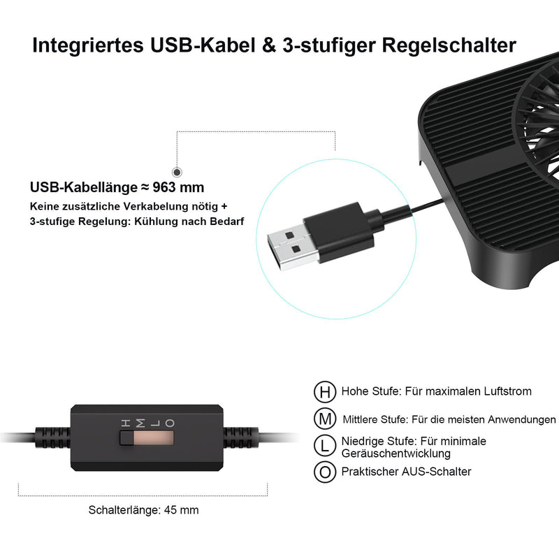X3-V2 Router Cooler 140mm USB Fan with 3 Levels Black | For routers and mini PCs; 3 speed settings, up to 75.8 CFM, max. 18 dB(A), USB 5 V, 800 mm cable
