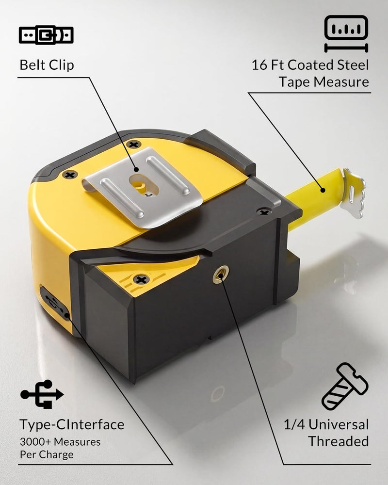 TEPU Laser Tape Measure 4-in-1, 197FT Laser Distance Meter with 16FT Auto-Lock Tape, Cross-Line Laser Level, Dual-Axis Angle, Backlit LCD, Distance/Area/Volume, Pythagorean Theorem & Angle Measurement