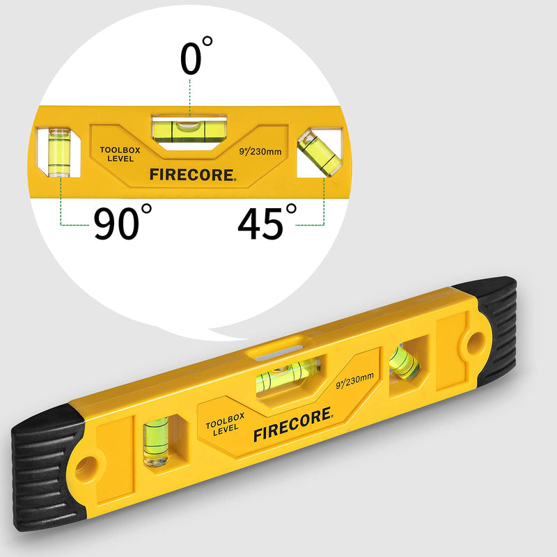 Firecore FSL230PC Spirit Level 230 mm with Magnet, Torpedo Level with 3 Bubble Spirit Levels 45°, 90° & 180° 230mm