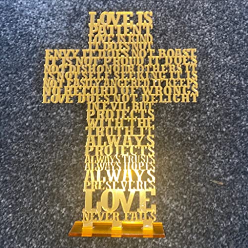 eBoutik – 3D Gold Laser Cut Out Religious Standing Ornament for Home, Church, Passover, Wedding – Christian Religious Prayer Gift for Women & Men - Love Is Patient - 1 Corinthians 13:4–8