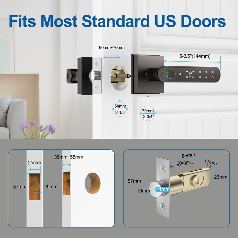 BIWIBON Fingerprint Door Lock, 5 in 1 Finger Print Door Knob with Smart APP/Fingerprint/IC Cards/Password/Backup Keys, Smart Door Knob with Keypad for Bedroom, Office, Apartment, Starry Grey