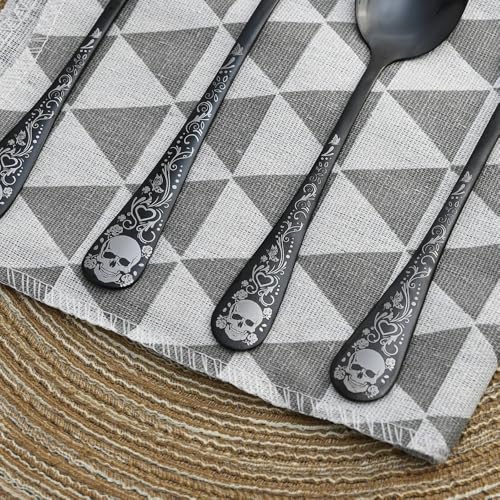 Skull Black Silverware Set for 4, 20-Piece Black Flatware Set, Gothic Skeleton Cutlery for Decoration, Halloween, Christmas, Party, Gift, Housewarming Skull Serving for 4