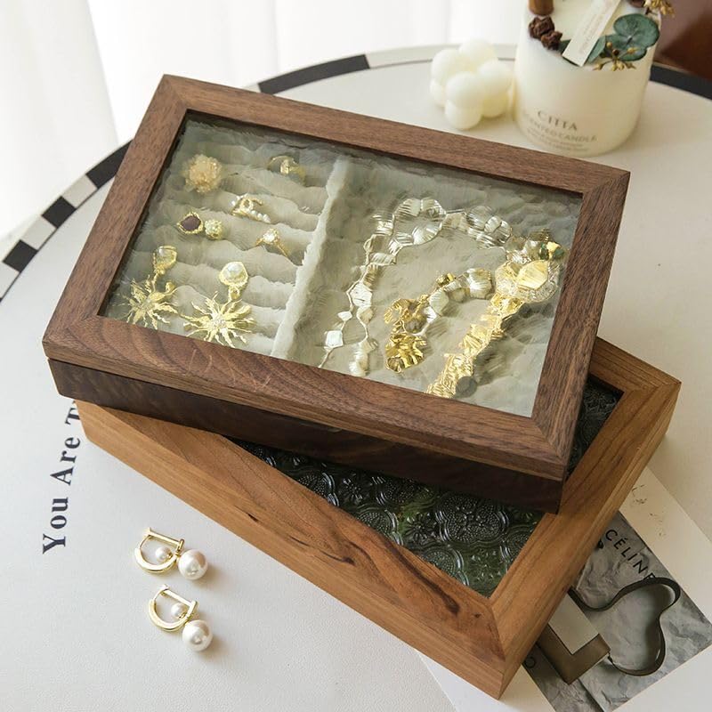 Wooden Jewelry Box with Glass Lid, Multi-Compartment Jewelry Display Case, Green Velvet Lining, Cherry Wood