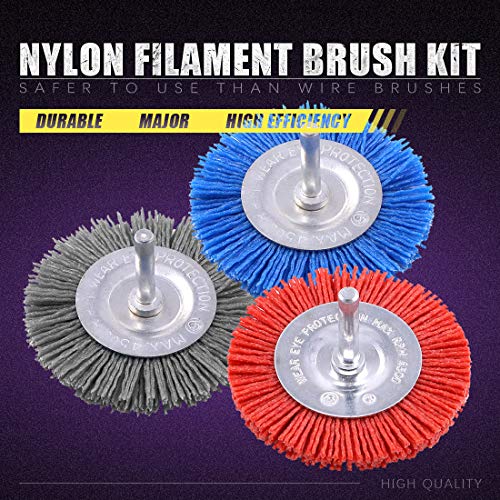 Swpeet 3 Pieces 3" 75mm Nylon Filament Grinding Wire Cup Brush Kit with 1/4 Inch Shank, Includes Fine Medium Coarse Grit Perfect for Removing Rust, Corrosion, S665, Round Wheel Brush