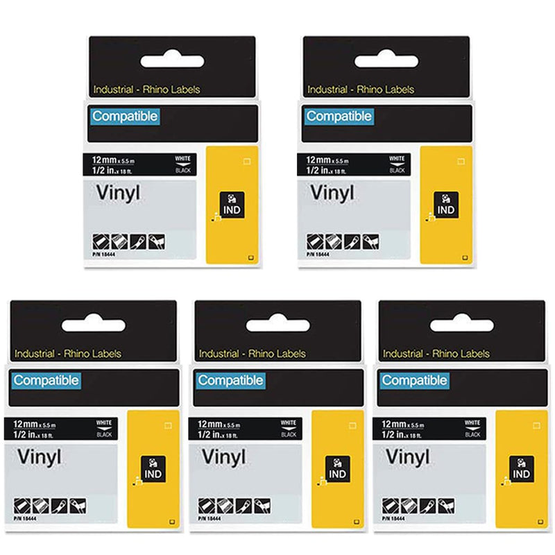 1805435 Rhino White on Black Tapes Compatible with Dymo Industrial Vinyl Permanent Labels Tapes 1/2" x 11.5' (12mm x 3.5m) Work with Rhino 4200 5000 5200 6000 Industrial Label Makers, 5-Pack