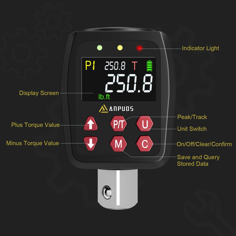 [Australia - AusPower] - 1/2" Digital Torque Adapter, 12.5-250.8 Ft-lb/17-340 Nm, Digital Torque Wrench Converter with ±1% Accuracy, Preset Value, Data Storage, Buzzer & LED Indicators, 3/8'' & 1/4'' Adapters for Car 1/2-Inch 