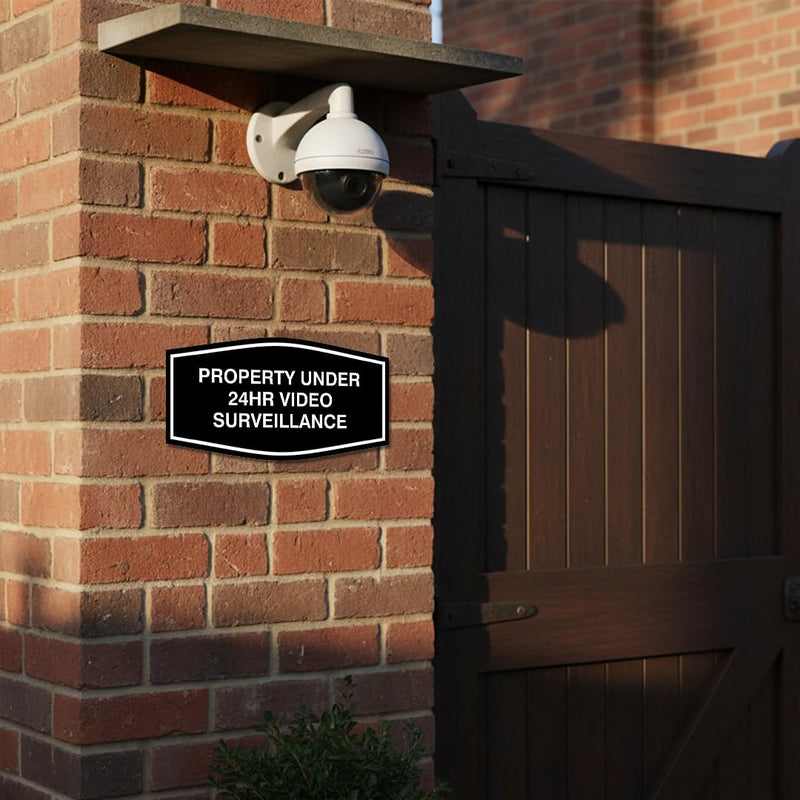 All Quality Fancy Property Under 24Hr Video Surveillance Sign | Property Security Sign with Easy Installation | 24/7 Security Monitoring (Black/Gold) - Medium 1 Pack 7 x 3.5" - Med (1 Pack) Black/Gold
