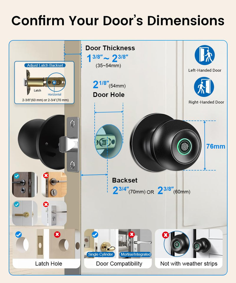Fingerprint Door Lock, Smart Fingerprint Door Knob with Lock, Biometric Door knob with App Control & Key, Keyless Thumbprint Entry Door Lock for Bedroom, Front Door, Home, Apartment Office-Stain Black
