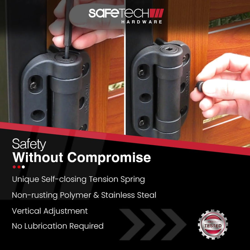 Safetech Hardware MegaKlik Self Closing Gate Hinges | Self-Aligning Heavy Duty Spring Hinges | Adjustable Tension | Pool safety Hinge | Square Post, Aluminum Gates | Swing Close 185 lbs SHH135 - Black