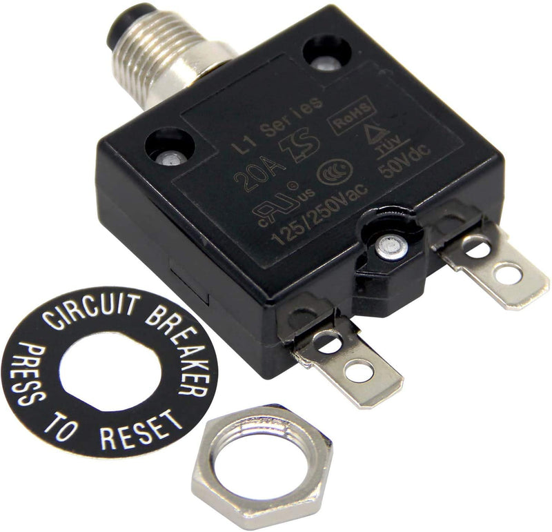 [Australia - AusPower] - Thermal Circuit Breaker 20 Amps, Thermal Overload Protector L1 Series 125-250V AC 50V DC Push Button Manual Reset Circuit Breaker 20A 2 Pcs 