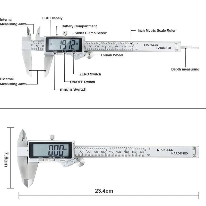 [Australia - AusPower] - Electronic Digital Vernier Caliper, LOUISWARE Stainless Steel Caliper 150mm/0-6 inch Measuring Tools with Extra-Large LCD Screen, inch/Metric Conversion QB_087 