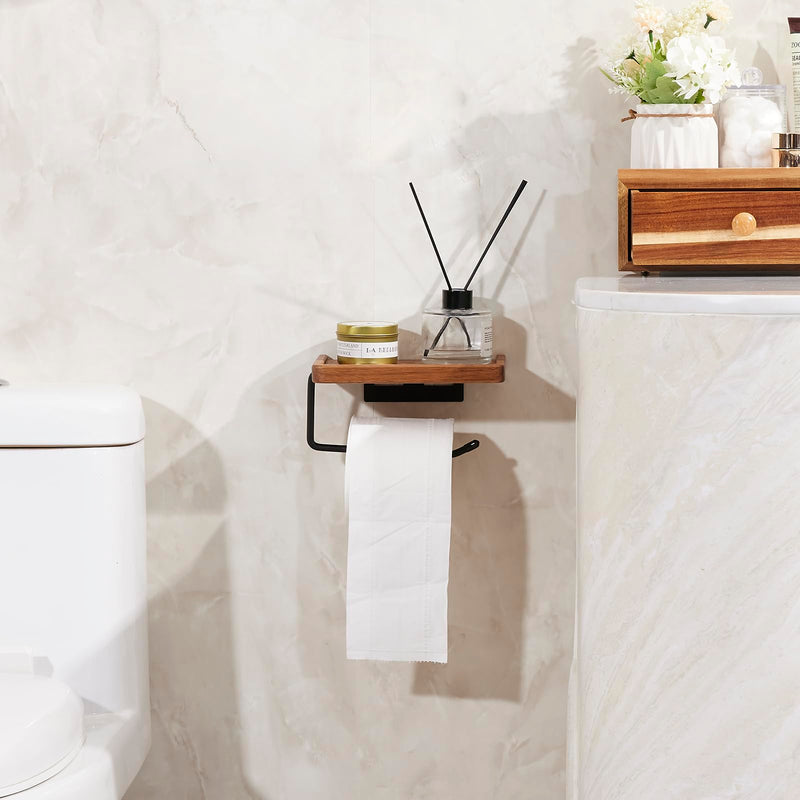 Yangbaga Toilet Paper Holder with Shelf: Wall Mount Bathroom Tissue Roll Storage with Adhesive& Screw, Matte Black Aluminum Alloy Bathroom Accessories Wood Shelf for Phone Wipes 7.5in*4.3in*3.46in