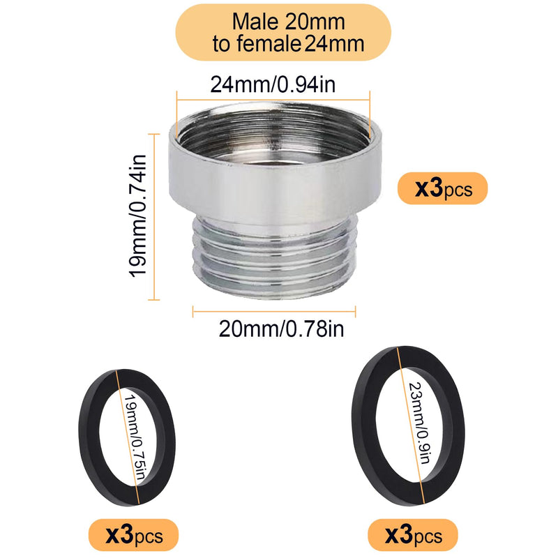 [Australia - AusPower] - 3 Pieces Faucet Adapter Set, CNYMANY Male Thread M20mm to Female Thread M24mm Kitchen Aerator Adapter Set Sink Faucet Adapter Hose Water Filter Standard Hose Außengewinde M20 mm auf Innengewinde M24mm Metal 