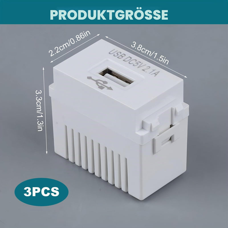Pack of 3 USB Power Supply Module 230 V to 5 V 2.1 A, USB Socket Flush-Mounted Power Supply Switch Adapter for Smartphones Tablets and Devices, Compact Installation Adapter | Einbau USB Ladeadapter, Kompakt für Smartphone Tablet USB Geräte, Plug & Play...