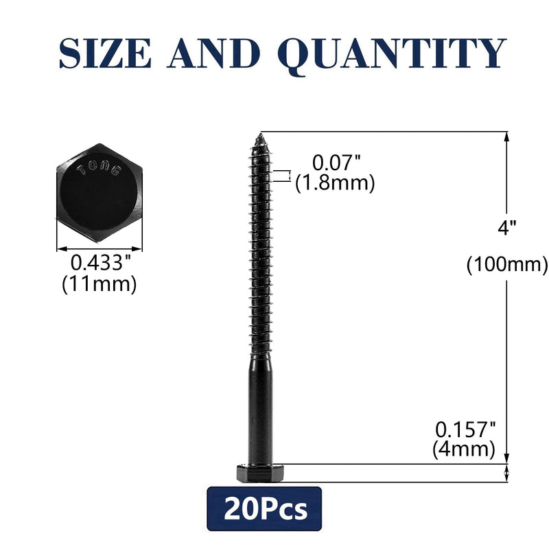 [Australia - AusPower] - 1/4" x 4" Hex Head Lag Screws Bolts 20Pcs 304 Stainless Steel 18-8, Partial Thread, Hexagon Head Wood Screws by Black Oxide by SG TZH 20 1/4" x 4" 