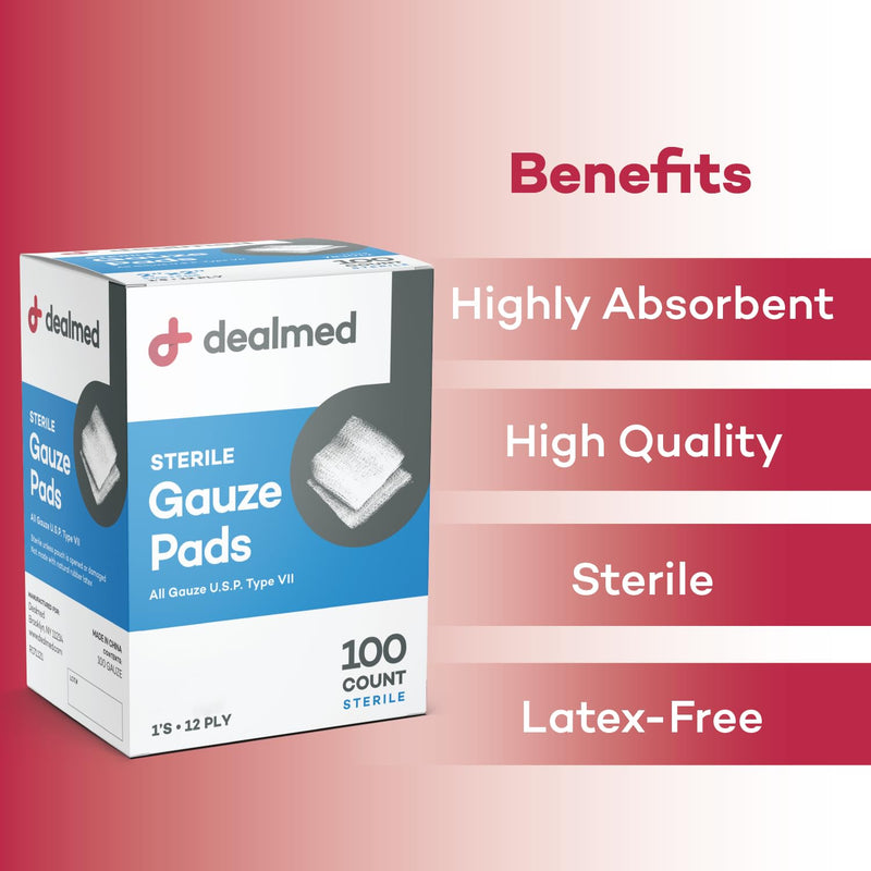 [Australia - AusPower] - Dealmed Sterile Gauze Pads  100 Count, 2 x 2 Disposable and Individually Wrapped Gauze Pads, Wound Care Product for First Aid Kit and Medical Facilities 2x2 Inch (Pack of 100) 
