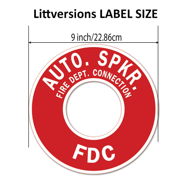 5 Pack 9" Auto Spkr FDC Round Vinyl Label Fire Department Connection Sticker – Red & White Automatic Sprinkler System Notice – High-Visibility Weatherproof Decal for FDC Piping & Wall Plates 9"x9"