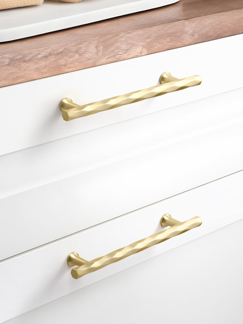 Brushed Gold Cabinet Pulls 3" Hole Center 5 Pack Hammered Brass Cabinet Handles Decorative Kitchen Drawer Dresser Cupboard Bathroom Vanity Cabinet Hardware Rhombus 3"(76mm) Hole Center Brushed Gold