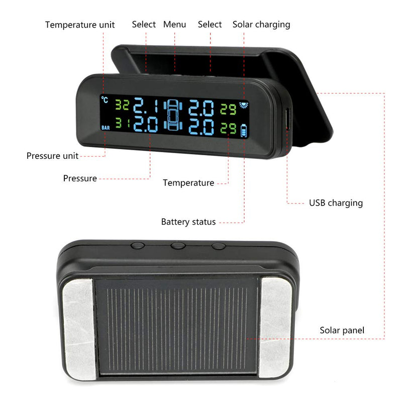 [Australia - AusPower] - Tire Pressure Monitoring System Wireless Solar TPMS, Tire Pressure Monitor Installed on Windowshield with 4 External Sensors Real-time Display Temperature Pressure 22-87 PSI for Car RV SUV MPV Sedan 