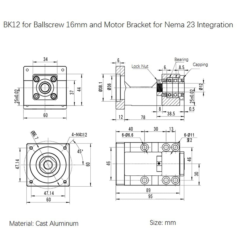 [Australia - AusPower] - Motor Mounting Bracket and BK12 Bearing End Support Block for Nema 23 Stepper Motor and Ball Screw 16mm Ballscrew SFU1604 SFU1605 SFU1610 as CNC Kit Parts BK12 Nema23 Motor 