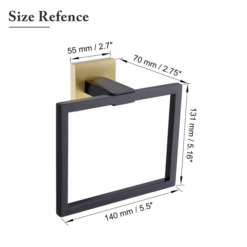 Black and Gold Towel Ring Modern Square Hand Towel Bar,Towel Holder for Bathroom,Wall Mount Stainless Steel Black Gold